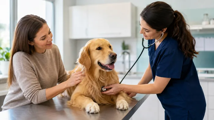 Golden retriever during a calm veterinary checkup