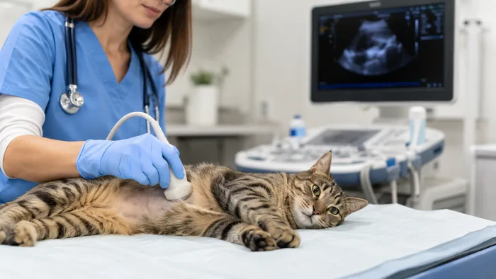 Cat receiving a veterinary ultrasound examination
