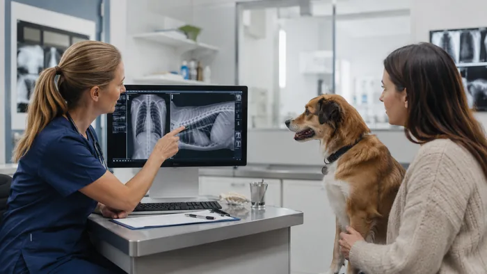 Veterinarian explaining dog X-rays to an owner