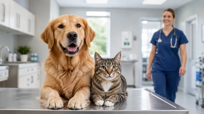 Dog and cat during a friendly veterinary visit