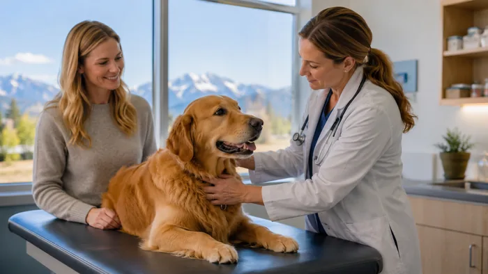 Golden retriever checkup with an Idaho mountain view
