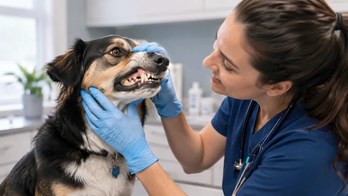 Veterinarian examining a dog's teeth