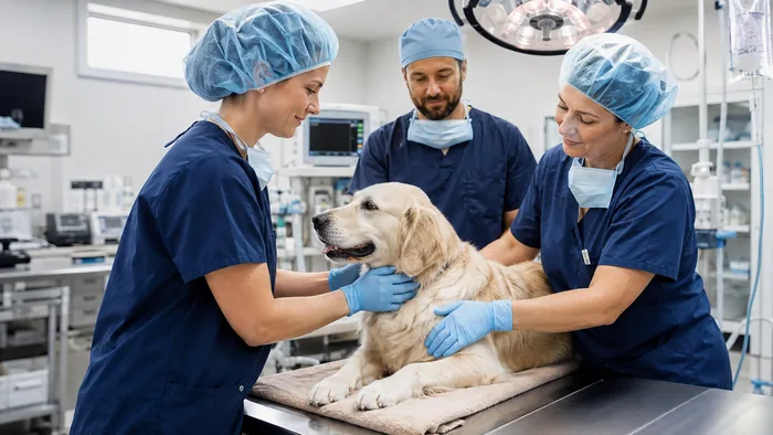 Veterinary team caring for a golden retriever