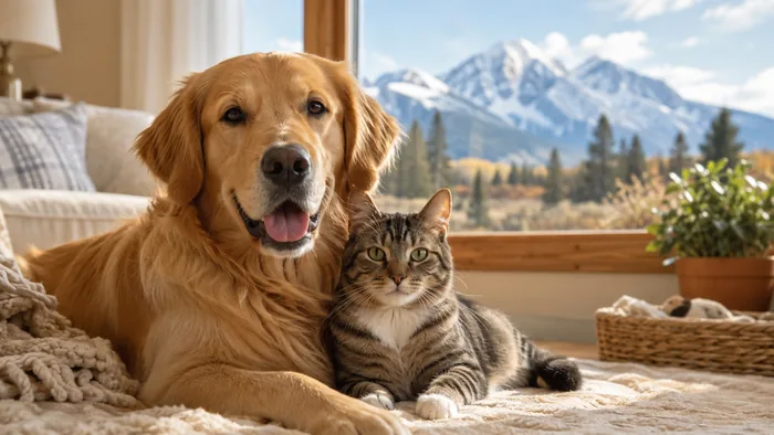 Dog and cat resting together near Idaho mountains