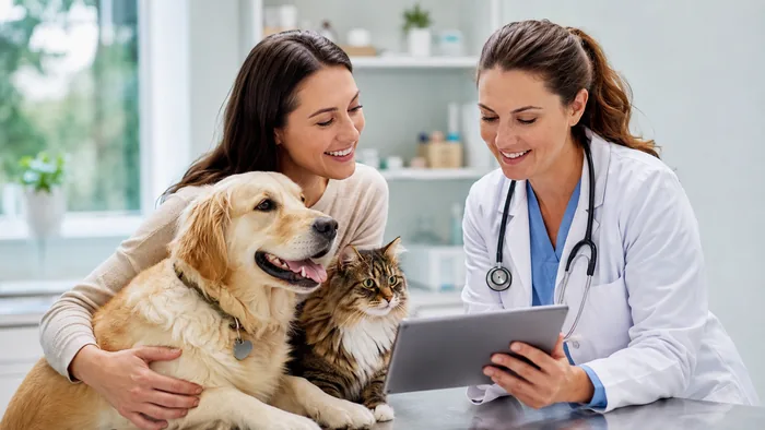 Caring veterinary visit with a dog and cat
