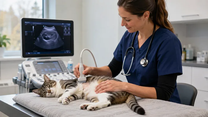 Veterinarian performing a cat ultrasound