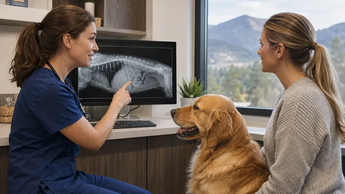 Veterinarian discussing a dog X-ray