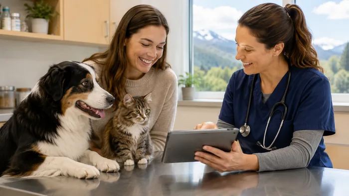 Warm veterinary consultation with a dog and cat