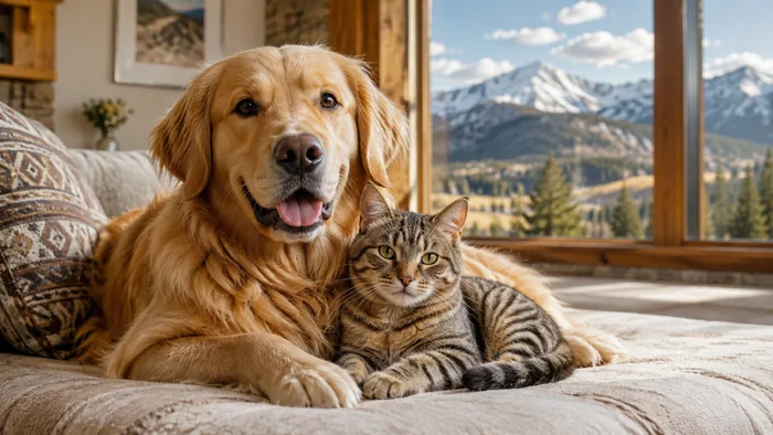 Dog and cat relaxing by an Idaho mountain window